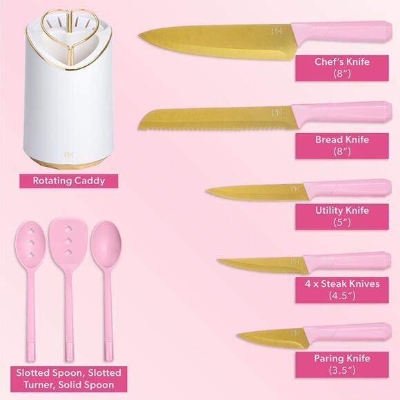 Paris Hilton 12 Piece Knife and Kitchen Utensil Set with Caddy, Pink - Picture 3 of 5